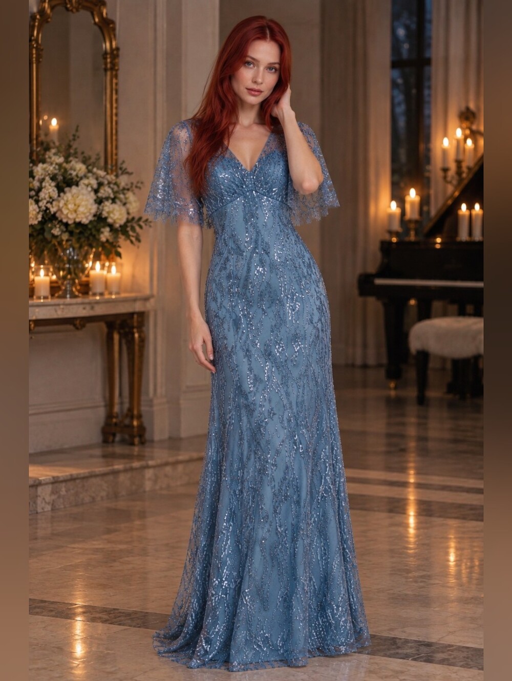 NWT R&M Richards Blue Sequin Cape Gown Long Formal Dress Size 16 CC
